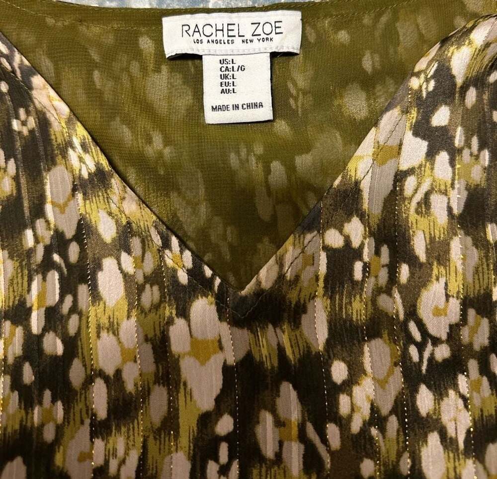 Rachel Zoe Blouse Size L Metallic Abstract V-Neck Lined - Picture 3 of 5